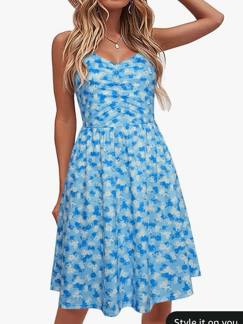 Light Blue Floral Midi Dress with Ruched Bodice